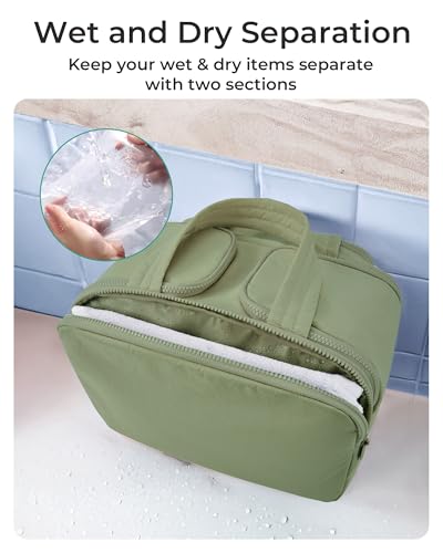Image of BAGSMART Travel Toiletry Bag, Lightweight Large Wide-Open Toiletry Bag for Women, Puffy Cosmetic Makeup Bag Organizer with Handle for Accessories,Essentials, Toiletrie, Army Green, Large, Puffy