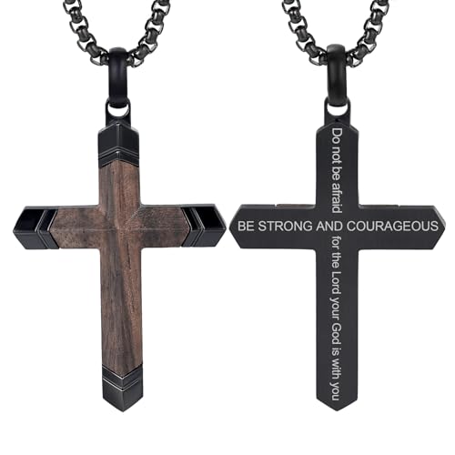 Image of Wooden Cross Necklace for Men with Stainless Steel Adjustable Chain 24-26in, Christian Wood Crucifix Pendant Gift for Him