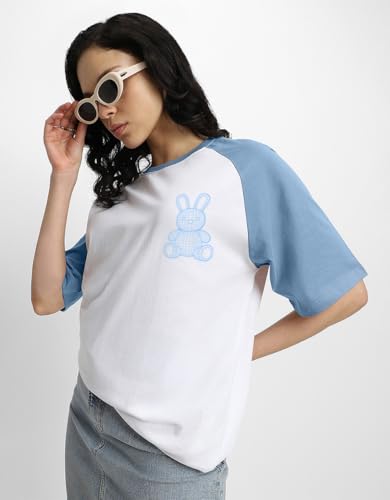 Image of JUNEBERRY 100% Pure Cotton Oversized Baggy Fit Drop Shoulder Round Neck Graphic Printed Raglan Sleeve T-Shirt for Women (Sizes: S to 2XL)