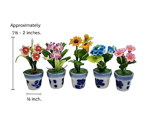 WitnyStore Tiny 1½" High 5 Pieces Set Mix Sunflower Orchid Hydrangea Zinnia - Hand Made Artificial Flowers Colorful Miniature Realistic Clay Flower Plant Pots Blooming House Plants Indoor Decoration
