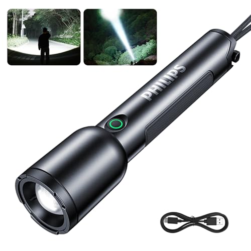 La mejor selección de Lamparas de mano led - 5 favoritos. 46 PHILIPS SFL1168 Linterna LED Recargable, 10W Linterna con Zoom Súper Brillante Portátil, Linterna de Mano Táctica USB, El diseño Recubierto de Goma es Antideslizante y...