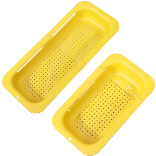 Image of Collapsible Sink Colanders and Strainers Basket Extendable Plastic Fruit Vegetable Strainer Drainer Basket for Kitchen (Length 14.3 inch-19.4 inch) (Yellow)