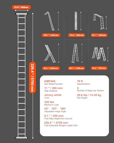VEVOR Mehrzweckleiter, 7-in-1-Multifunktionsleiter, A-Rahmen, 5-Stufen-Teleskopleiter, Leitergerüst 5750 mm, verstellbare Hochleistungsleiter, 150 kg Tragkraft, für den Außenbereich zu Hause