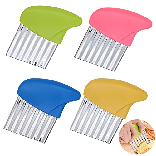 Ranvi Edelstahl Kartoffel Karotten Chips Gemüse Crinkle Wavy Chopper Cutter Pommes Frites Schneider 4er Pack/Set(Grün,Rosa,Blau,Gelb) Cover
