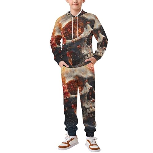 Boys Girls Sweatshirt Set Kid 2 Piece Pullover Hoodie Jogger Sweatpants, Skull And Rose Galaxy