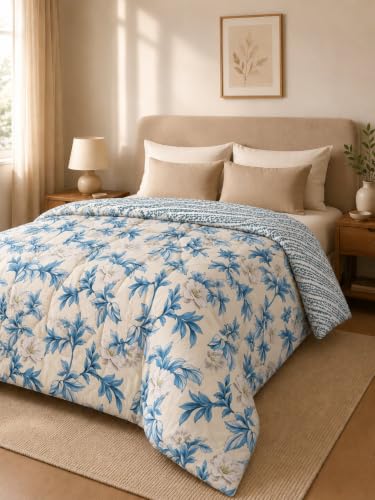 Image of Signature Reversible AC Comforter Set 350 GSM,Soft Microfibre King Size Quilt Blanket for Winter (Blue Magnolia, Double Bed)