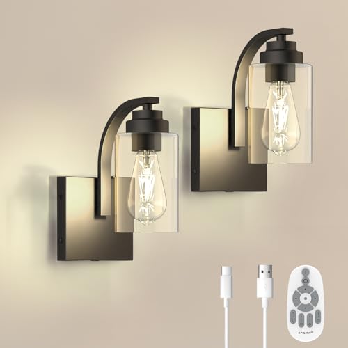 Image of Battery Operated Wall Sconce Set of 2 with Remote Control, Rechargeable Wireless Led Glass Wall Lamp Indoor, Cordless Wall Light Fixtures Wall Mount for Bedroom Bathroom Hallway Farmhouse, Black
