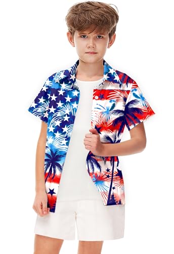 Image of Remimi Unisex Kids 4th of July Button Up Shirt Boys American Flag Print Hawaiian Beach Short Sleeve Tops 5-14 Years