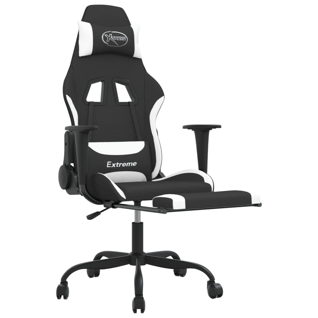 Fotel gamingowy z funkcją masażu i podnóżkiem, materiał czarno-biały, ergonomiczna regulacja wysokości z poduszką lędźwiową i poduszką pod kark, obrotowe z funkcją leżenia do biura i