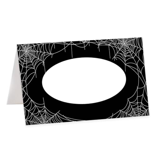 Andaz Press Halloween Name Place Cards for Table Setting, Black & White Webs Blank Food Labels for Party Buffet Cards, Dessert Table Display, Scored Mini Signs Food Display, 24 Pack 2 x 3.5