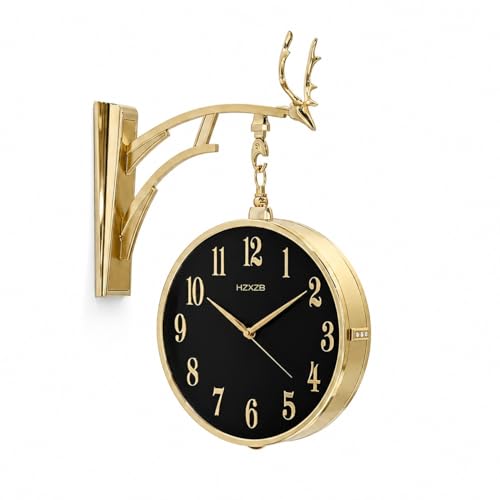 Image of Double Sided Wall Clock Sturdy Frame, Easy Read Two Faces Station Clock for Garden Home Decor Indoor Outdoor Living Room Study Wall Decoration (W4-Gold)