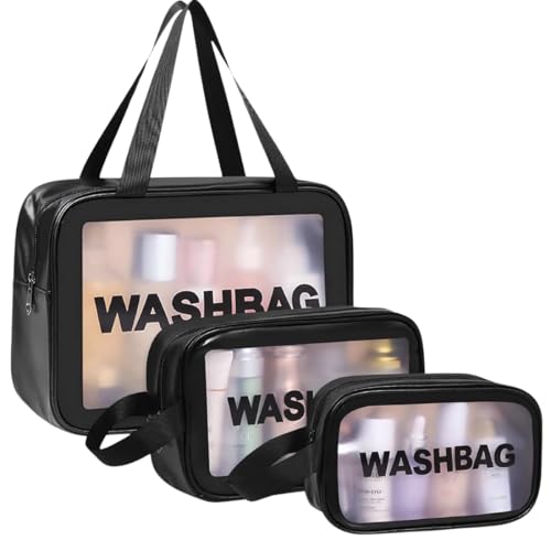 Conjunto de 3 Necessaire Transparente Washbag Kit 3 Tamanhos P M G para Viagem, Maquiagem, Banho e Academia - Impermeável, Versátil, Leve e Fácil de Limpar Zíper à prova d'agua (Preto)