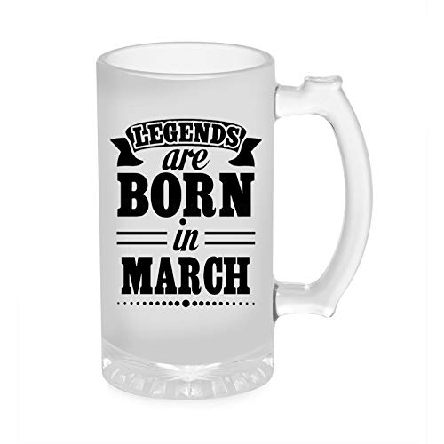 PrintBharat Designer Frosted Glass Beer Mug 650 ml, Matte Finish, Ideal Gift for Husband, Friend, Birthday, (Legends are Born in March)