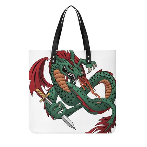 Sac à main Dragon Vert : grand tote bag shopping et voyage pour femmes 39x39cm