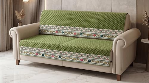 Image of KINGLY Sofa Cover 2 Seater Fully Covered | Stretchable Anti-Slip Slipcover | Washable Furniture Protector | Olive Green | Set of 2 | Seat & Back |