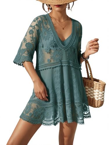 Image of Eomenie Women's Contrast Lace Bathing Suit Cover Up V-Neck Swimsuit Coverups Loose Swimwear Beach Dress Beachwear