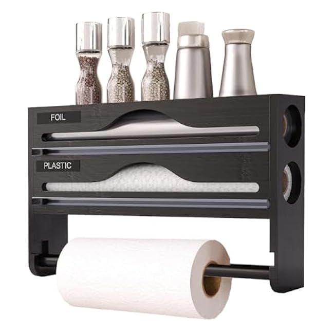 Bambooplasticwrap Cutter, Wall-Mounted Foil Dispenser, Cling Film And Aluminum Foil Organizer, With With Cutter, Reusable Design, 35.2x21.01x7.01cm, For Wrapping