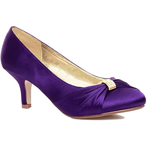 MyShoeStore Ladies Satin Heels Diamante Buckle Kitten Heel Low Bridal Bridesmaid Wedding Smart Prom Party Classic Court Shoes (Purple, 7) Cover