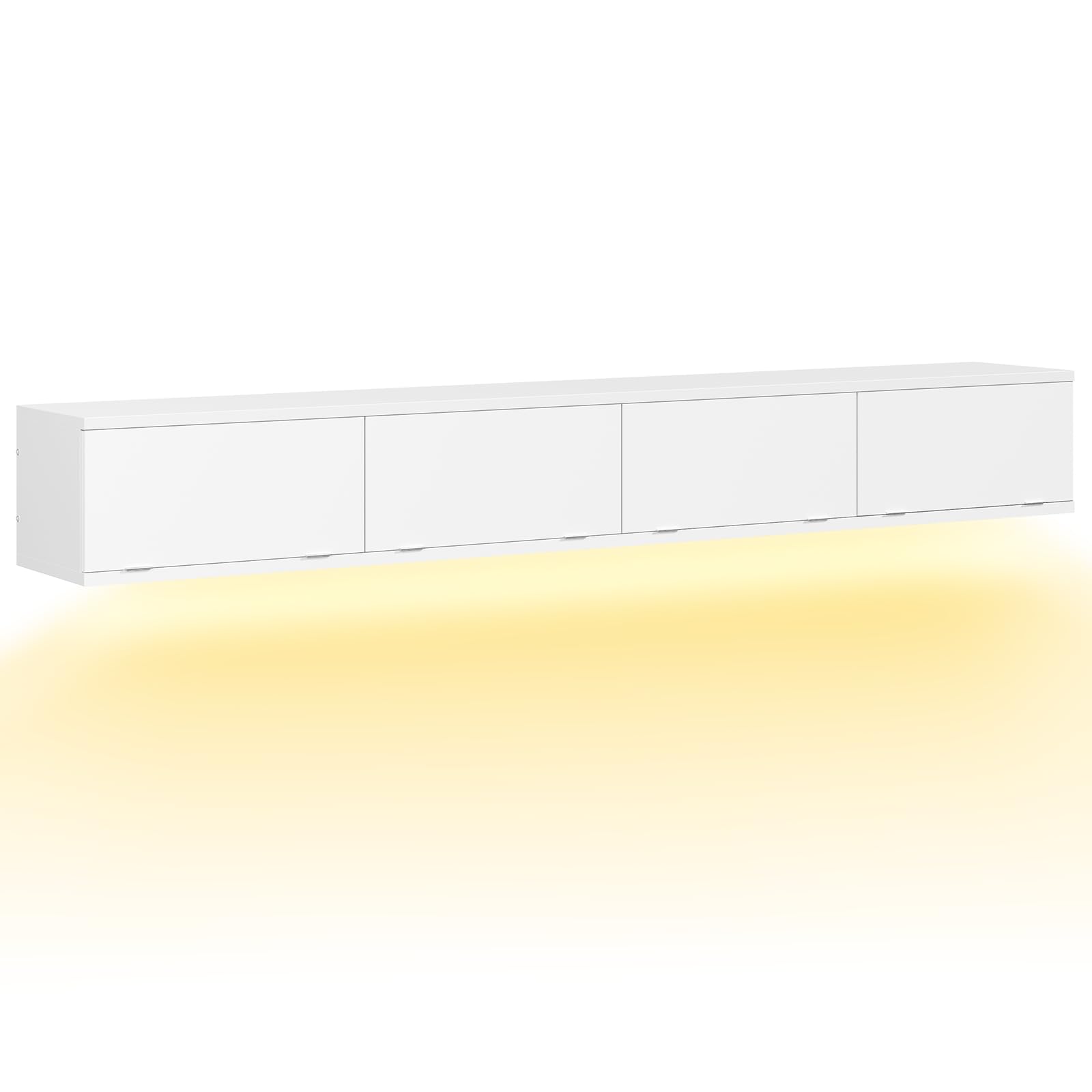YATINEY Mueble para TV Suspendido con Tira de Luces LED, Soporte para TV Montado en Pared con Cuatro Puertas Abatibles, 180 x 24 x 22 cm, para Salón o Dormitorio, Blanco XDS23DWT