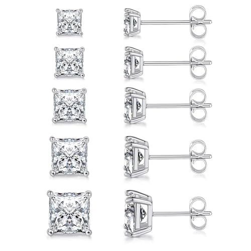 MDFUN 18K White Gold Plated Princess Cut Square Clear Cubic Zirconia Stud Earrings Set for Women...