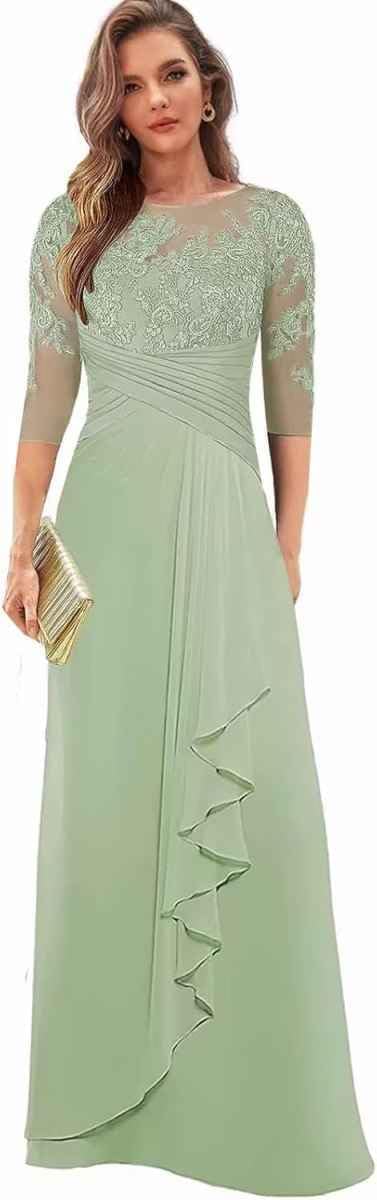 Chiffon Mother of The Bride Dresses for Wedding Ruffles Long Evening Dress with Sleeves Lace Formal Gown