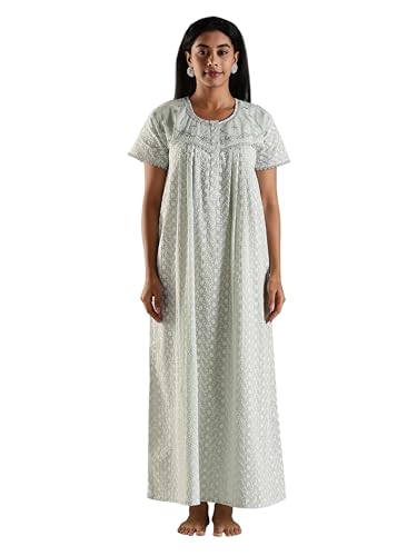 Image of 9shines Label Stylish Chikankari Cotton Nighty Maxi for Women | Full Length Nightgown | Nightdress with Pocket | Embroidery Nighty | Soft Comfortable Cotton Nightwear (1545)