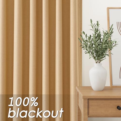 Image of Nanspring Camel 100% Blackout Linen Curtains for Bedroom 96 Inches Long Back Tab Rod Pocket Thermal Insulated Vintage Modern Black Black Out Curtain for Living Room Office 52x96, 2 Panels