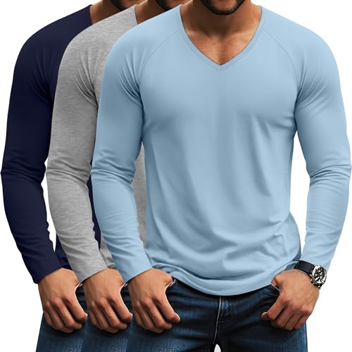 Riyiper 3 Pack Men's Long Sleeve T-Shirts V Neck Curved Hem Casual Tops Raglan Stretch Basic Tee Shirts(Navy Blue, Light Heather Gray, Light Blue,Large)