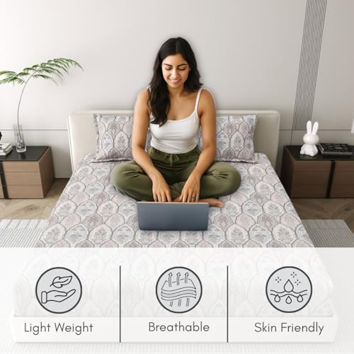 Image of Mafatlal 186 Tc Corsica King Size Cotton Bedsheet | 274 X 274 Cm | Summer Sweat-Absorbing Mancham Chadar for Breathable Sleeping Comfort | Includes 2 Pillow Covers | Feather Grey