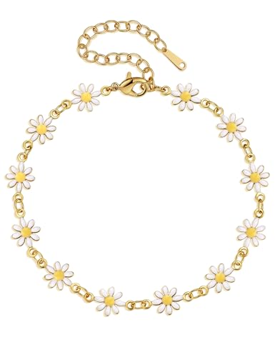 Cute Flower Bracelets for Women 18K Gold Plated Dainty Daisy Flower Chram Bracelet for Women