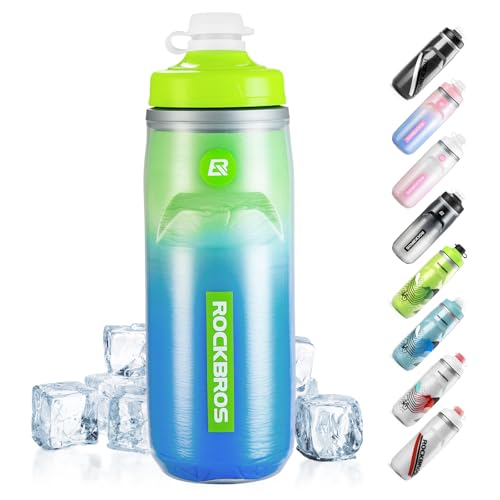 ROCKBROS Borraccia Termica Fredda per Bicicletta 620 ml, Borracce Bici con Copertura Antipolvere Senza BPA Inodore e Prova di Perdite, Rimovibile e Lavabile, Bottiglia Acqua Sportiva, Verde e Blu