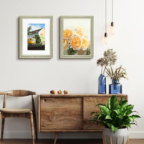 Image of Golden State Art, 12X16 Ornate Finish Photo Frame with White Mat for 8X12 Picture & Real Glass, Color: Silver Beige