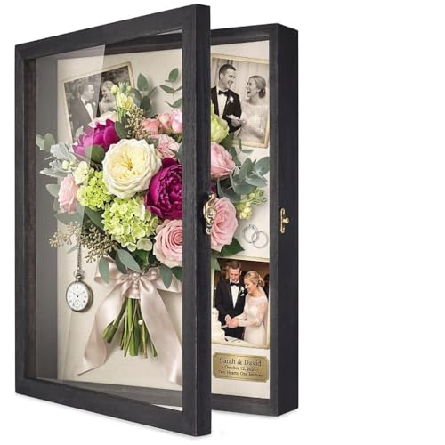 Image of TJ.MOREE Shadow Box 16x20 Flowers Display Case Wooden Picture Frame Black | Large Rustic Keepsake Box with Linen Back for Graduation, Bridal Shower Wedding Gifts, Military Medals, Pet Memorial Gifts