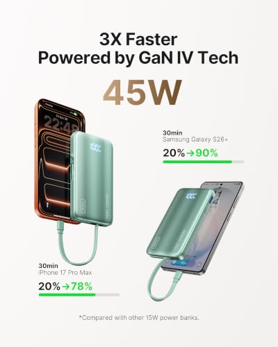 Image of INIU Portable Charger, Ultra Slim 45W Fast Charging Power Bank with Built-in AC Wall Plug, 10000mAh GaN 3-in-1 Battery Pack for Flight-Safe Travel, for iPhone 17 16, Samsung S26, iPad etc, Green