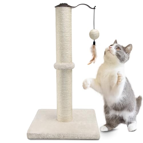 猫 爪とぎ つめとぎ 爪研ぎ ポール: 麻 縦型 おしゃれ ネコ 柱 - 可愛い 長持ち 安定 組み立て簡単 猫用 360°回転 55cm 薄ベージュ