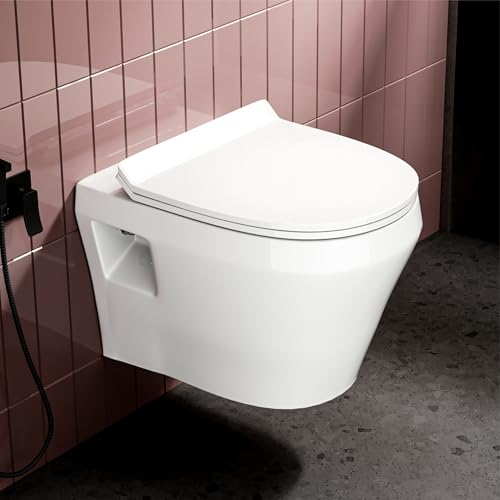 Image of LAPO P Trap Wall Hung Toilete, Ceramic Rimless Commode Toilet, Wall Hung Western Toilet With Soft Closing Toilete Seat (White, 20X15X14 Inch)-SPL