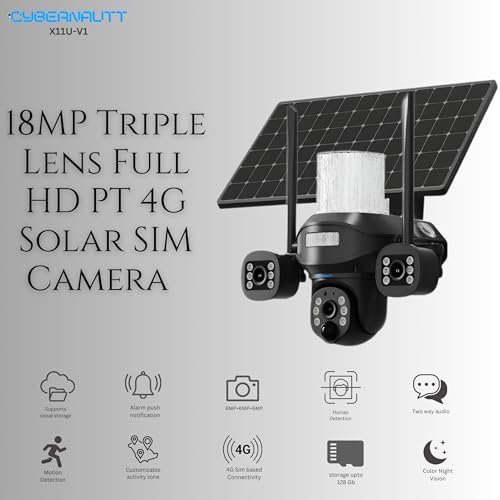 Image of XUGA - Cybernautt X11U-V1 Dual Solar 18MP 3 Lens PTZ Solar 4G Sim Outdoor CCTV Camera with 3 View | 360 | Night Vision | Motion Detection| 2 Way Audio | Use Air-tel 4G Sim