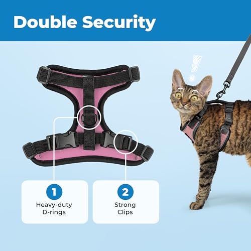 Image of Voyager Escape-Proof Step-in Lock Cat Harness & 5ft Neoprene-Handle Leash Set All-Weather Mesh with Reflective Stitching for Small to Large Cats by Best Pet Supplies, Black Trim-Pink (327), XXXS