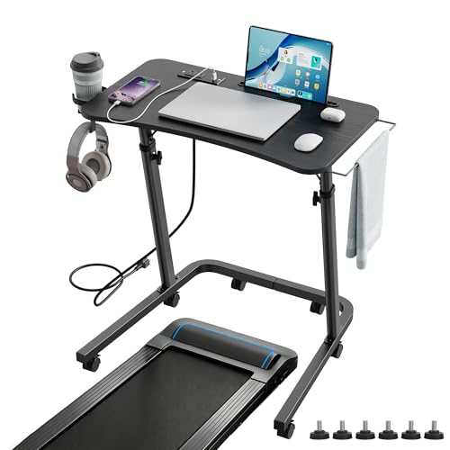 Forjarn Adjustable Height Standing Desk for Walking Pad Mobile Treadmill Desk with Power Socket Cup Holder Portable Rolling Laptop Table with Wheels for Home Office Work Bike Cycling Trainer Black