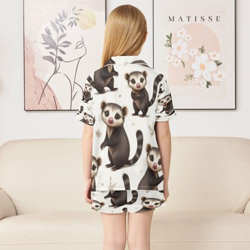 Satin Pajama Sets Short Sleeve Cute Opossum Raccoon Button Down Silky Nightwear 2 Piece PJS 5-14Y4