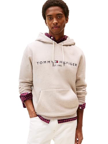 Tommy Hilfiger Herren Mittelschweres Fleece-Kapuzen-Sweatshirt mit Gesticktem Logo, Auch Erhältlich in Big & Tall Kapuzenpullover, Melierter Kieselstein, Small 1