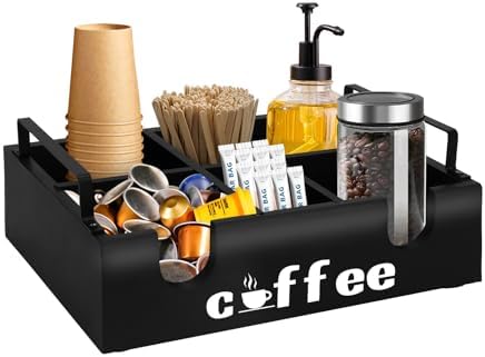 Honlibey Coffee Station Organizer, Wood Coffee Cup Holder for Countertop, Removable Coffee Bar Organizer with Handle for Organizing Coffee Pod, K Cups, Disposable Cups, Lid, Stirrer