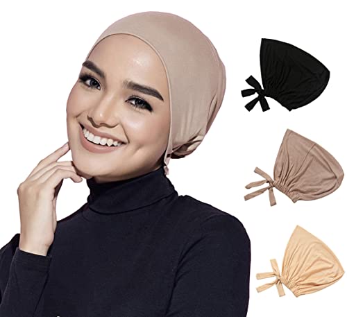 QYMY 3PCS Under Hijab Head Cap Muslim Under Scarf Hijab Cap Solid Color Women Under Scarf Hat Hijab Cap Stretchy Sleeping Cap (Black, Khaki, Beige(3PCS), Free Size)