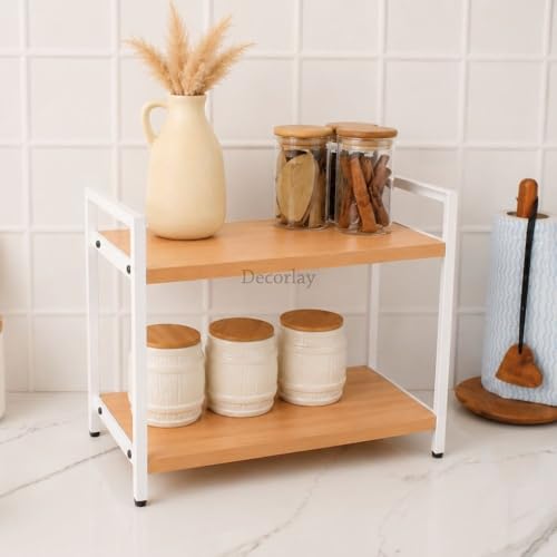Image of Decorlay Laminated Board Metallic Frame Kitchen Counter Top Storage Organizer Spice Bottles, Condiment Racks Space Saver | Beech | Pack of 1