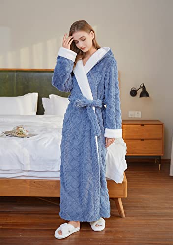 LKG Women Hooded Fleece Robe,Lightweight Plush Warm Winter Bathrobes for Women Full Length (Large, Blue)3