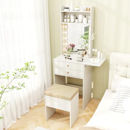 CHARMAID Small Vanity Desk with Mirror and Lights, White Makeup Vanity Table with Storage Bench, Drawers, Shelves, Foldable Side Table, Charging Station, Compact Vanity for Small Bedroom Narrow Space