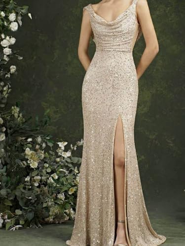Image of Women's Sexy Apricot Sequin Thigh Split Long Backless Gown Cocktail Party Bridesmaid Bodycon Midi Dress