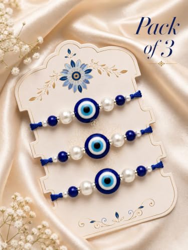 Image of Evil Eye Rakhi Set Of 3 For Brother Bhabhi Sister Kids | Blue Nazar Battu Raksha Kavach Rakhi Bracelet With Pearl Beads | Handmade Aesthetic Designer Raksha Bandhan Combo Rakhi Gift For Bhai