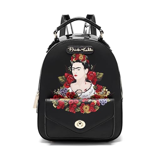 Frida Kahlo Flower Collection Backpack with Front Pocket - Black, Small