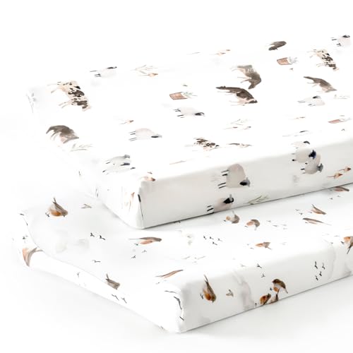 Image of GRSSDER Stretch Ultra Soft Jersey Knit Changing Pad Cover Set 2 Pack, Change Table Pad Covers Fit 32"/34" x 16" Pads Safe and Snug, Cute Watercolor Cows and Birds Print for Boys and Girls
